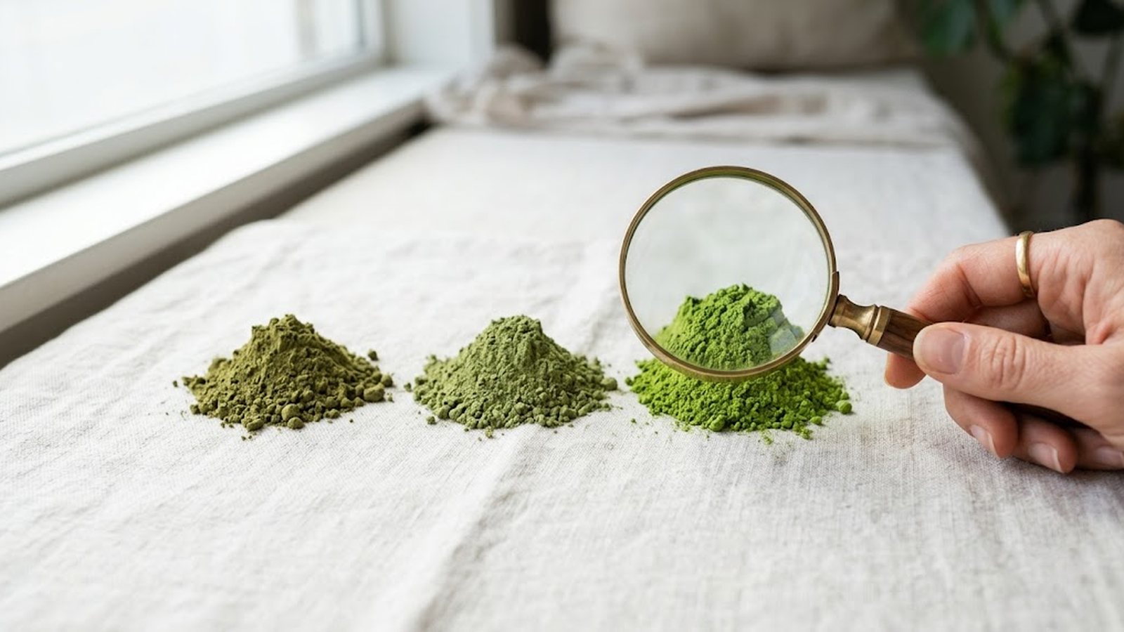 Three mounds of moringa powder in varying shades of green are examined with a magnifying glass.