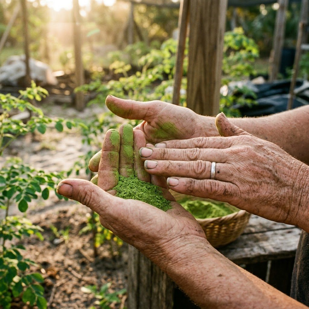 A farmer's hands gently rub vivid green moringa powder between their fingers in a sun-drenched garden