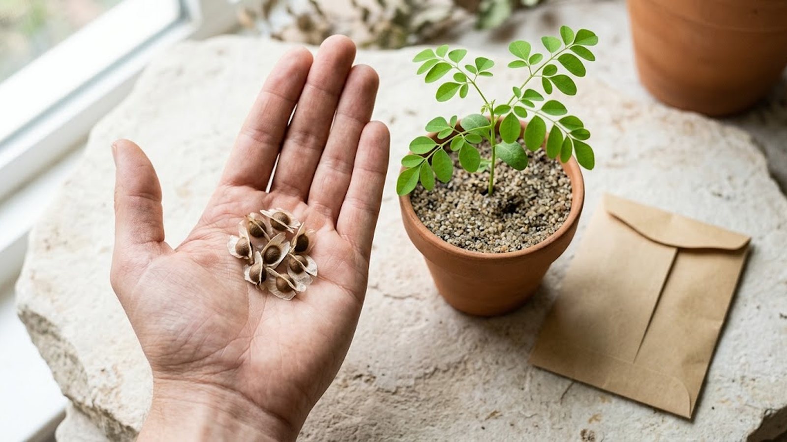 An open palm displays winged moringa seeds next to a kraft seed packet and a small moringa seedling in a terracotta pot.