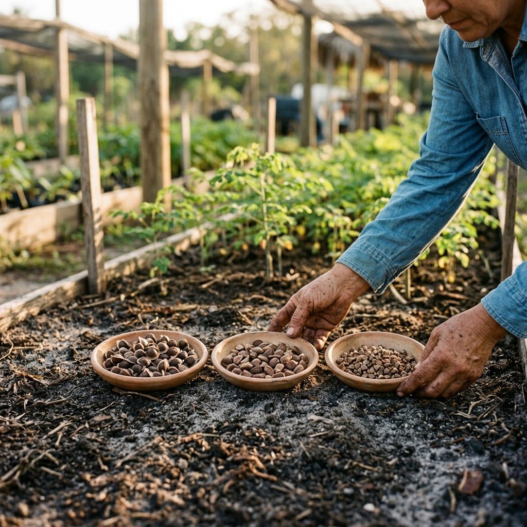 A farmer's hands gently place three small wooden bowls filled with moringa seeds into a garden bed
