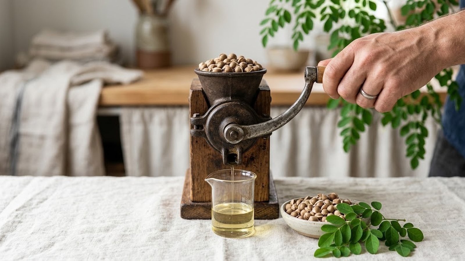 A hand cranks a vintage seed press, with moringa seeds and pale gold oil being extracted.
