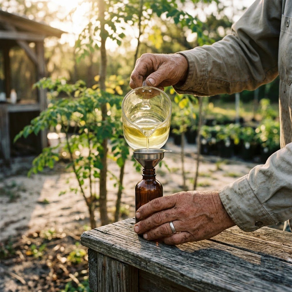 A farmer's hands pour golden moringa oil from a glass beaker into an amber bottle using a small funnel, with a moringa nursery in the background