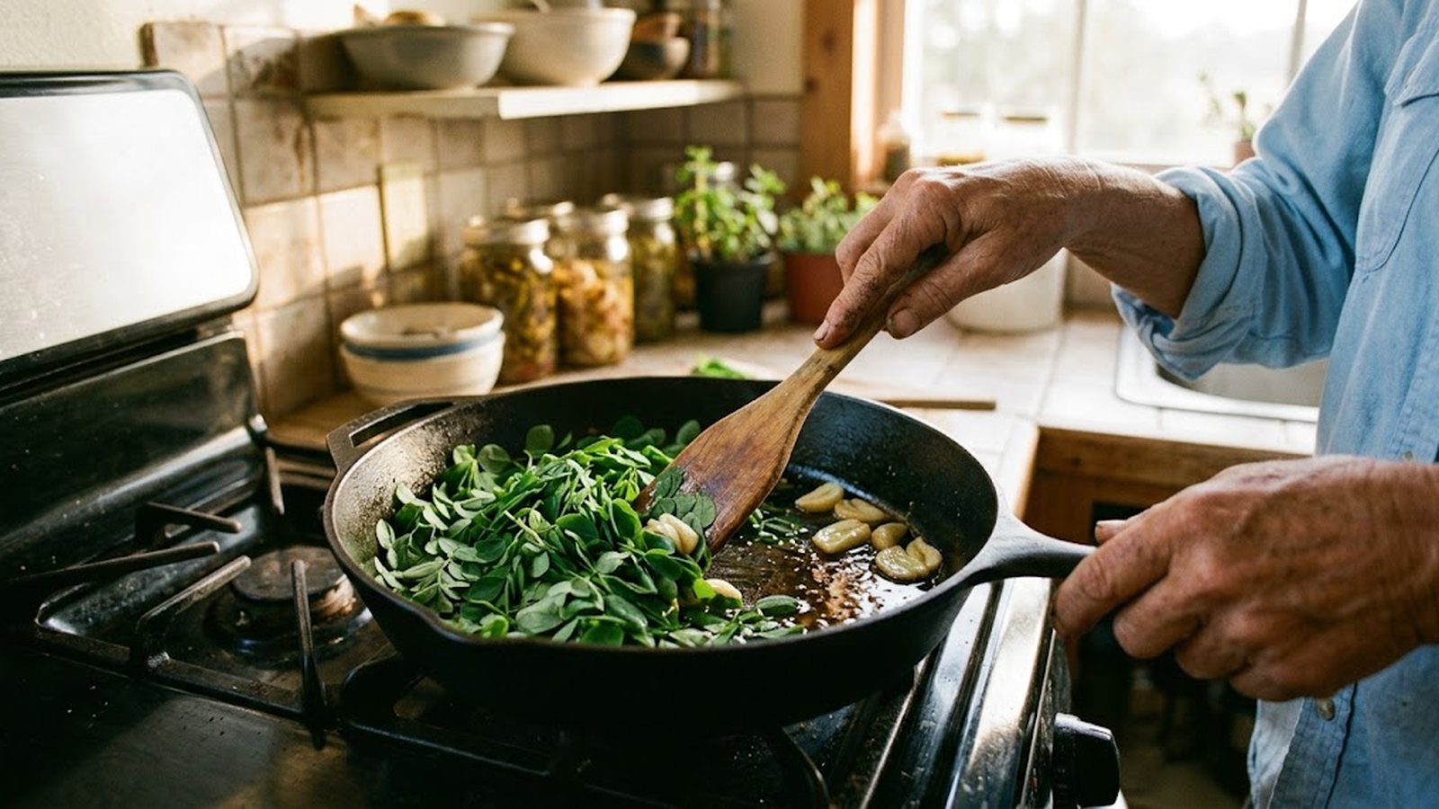 A person's hands stir fresh moringa leaves and garlic in a cast-iron skillet on a stovetop.