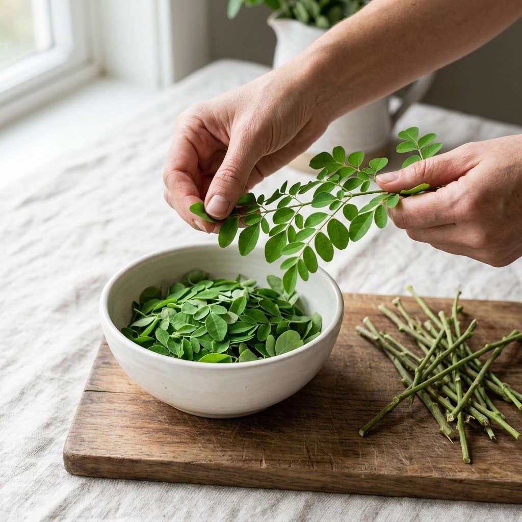 Hands pulling leaflets off fresh moringa stems into a white bowl, discarded stems in a pile, wooden cutting board