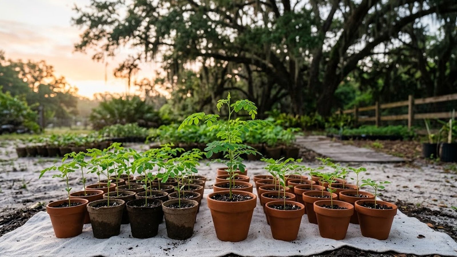 Moringa seedlings in terracotta pots sit on a white cloth in a Florida nursery at sunrise.