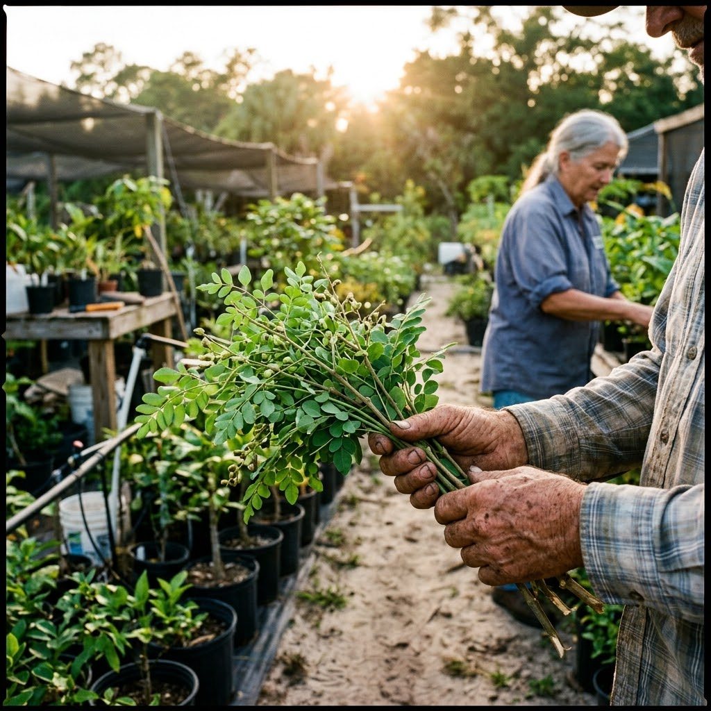 A farmer's weathered hands hold a bunch of fresh moringa branches in a sun-drenched Florida nursery