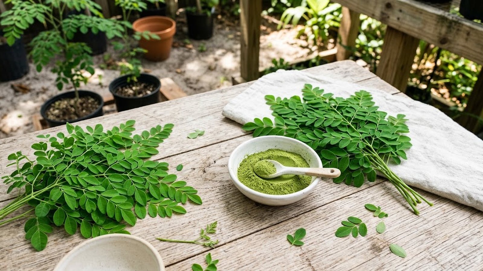 Fresh moringa branches and a bowl of moringa powder on a weathered wooden table in a Florida nursery.