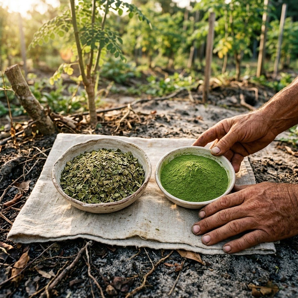 Two dishes side by side: crumbled dried moringa leaf flakes and fine moringa powder, top-down on linen
