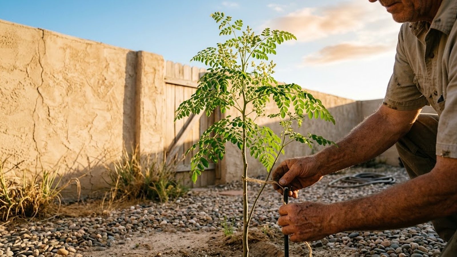 A farmer ties a young moringa tree to a stake in a sunny, arid backyard.