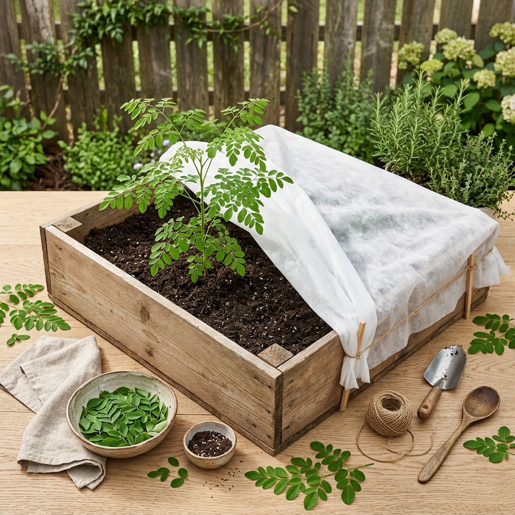 A young moringa tree in a raised wooden bed with a white row cover pulled halfway back, temperate garden with a fence behind