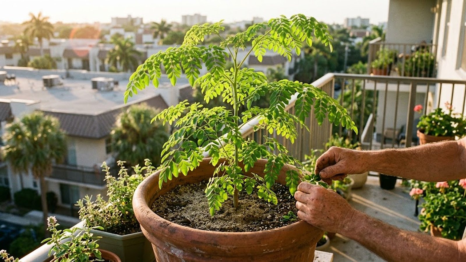A young moringa tree in a terracotta pot on a sunny balcony, with city rooftops blurred in the background.