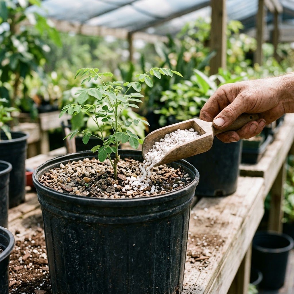 Close-up of a moringa seedling in a black nursery pot with gritty sandy potting mix, a hand adding perlite from a scoop
