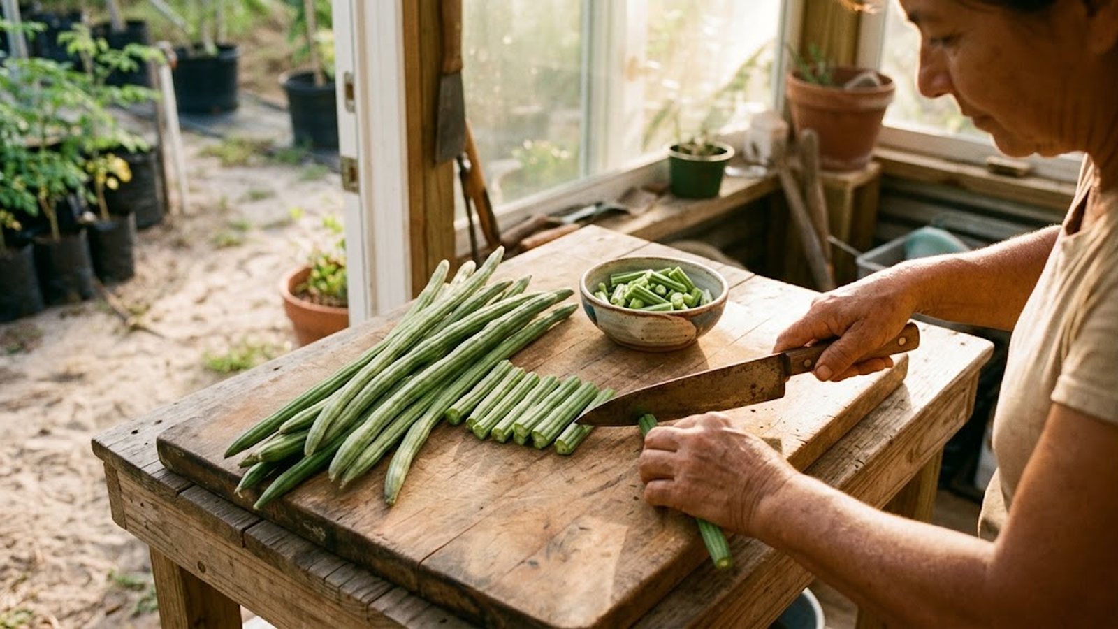 A woman in a sunlit greenhouse cuts fresh moringa pods on a rustic wooden table.