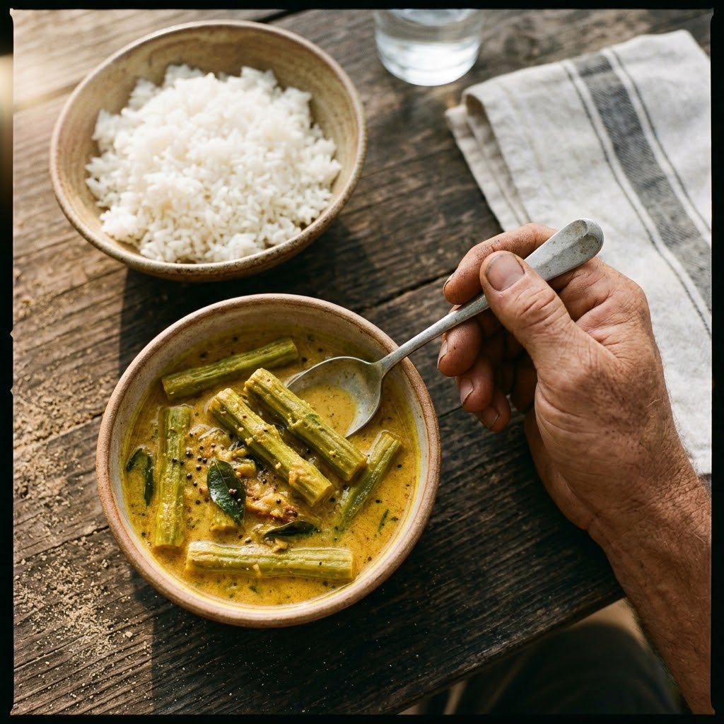 A bowl of coconut drumstick curry with pieces of green moringa pod in golden sauce, rice beside, top-down