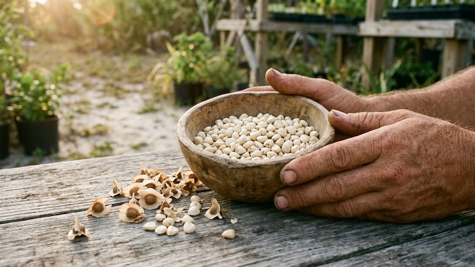 A pair of weathered hands holds a wooden bowl filled with pale cream moringa seed kernels, with a scattering of tan moringa seed husks on a rustic wooden table.