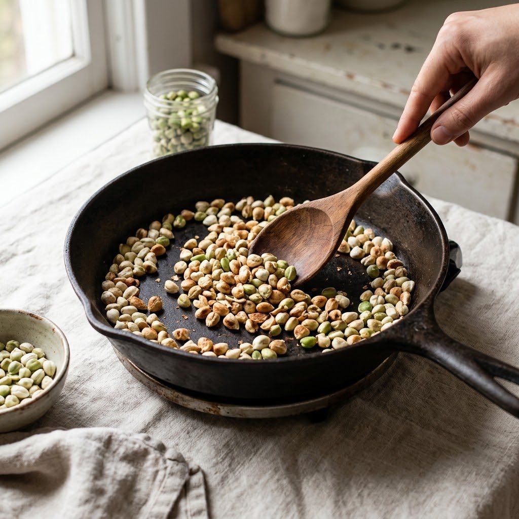 Moringa seed kernels toasting in a dry cast-iron skillet, a wooden spoon stirring