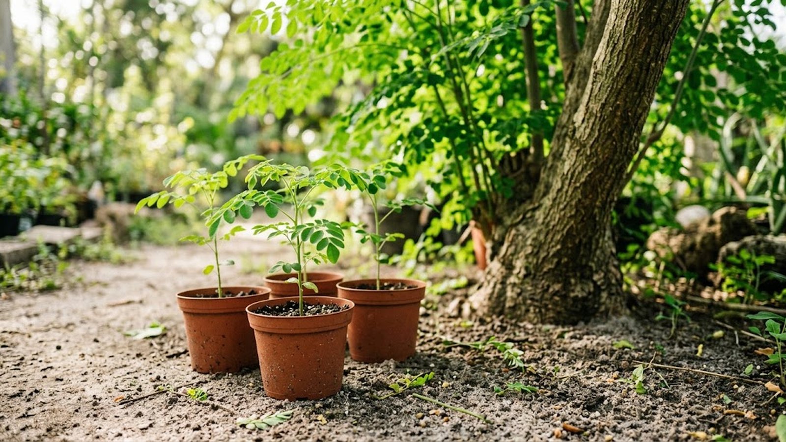 Four young moringa seedlings in terracotta pots sit on sandy soil next to the trunk of a mature moringa tree.