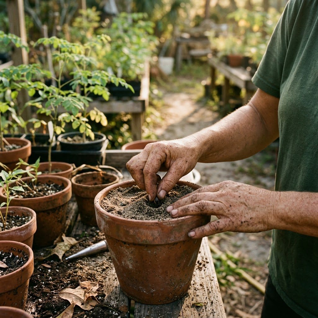 Hands planting a moringa seed into a terracotta pot filled with sandy soil