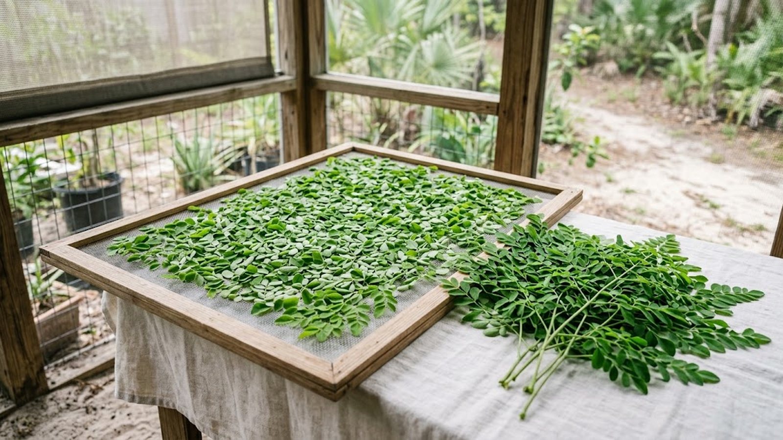 Fresh moringa leaves spread on a drying screen on a table in a screened porch.