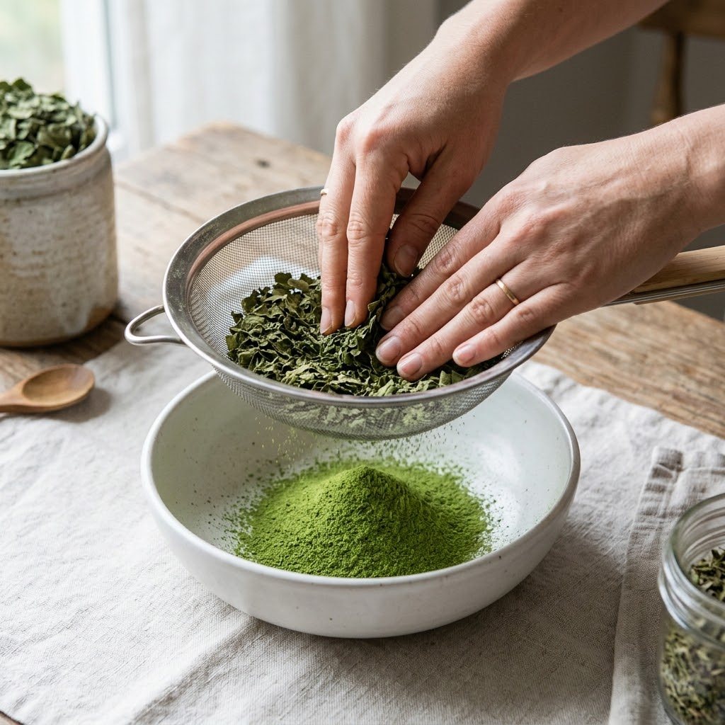 Hands pushing crumbled dried moringa leaf through a fine mesh sieve into a white bowl
