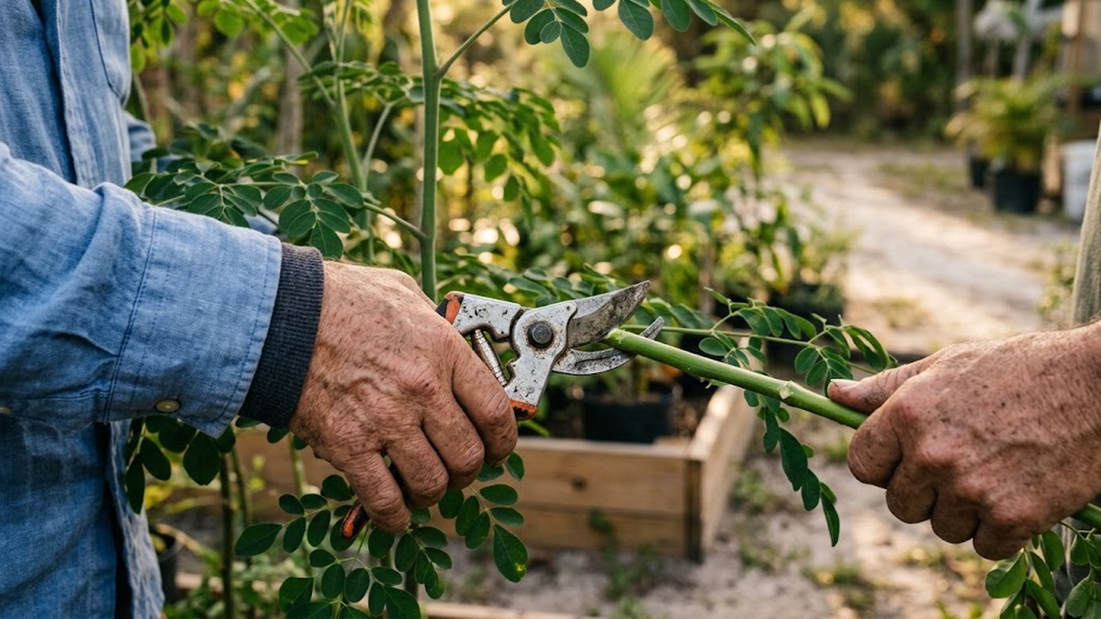 Weathered hands use pruning shears to cut a moringa stem in a Florida nursery during golden hour.