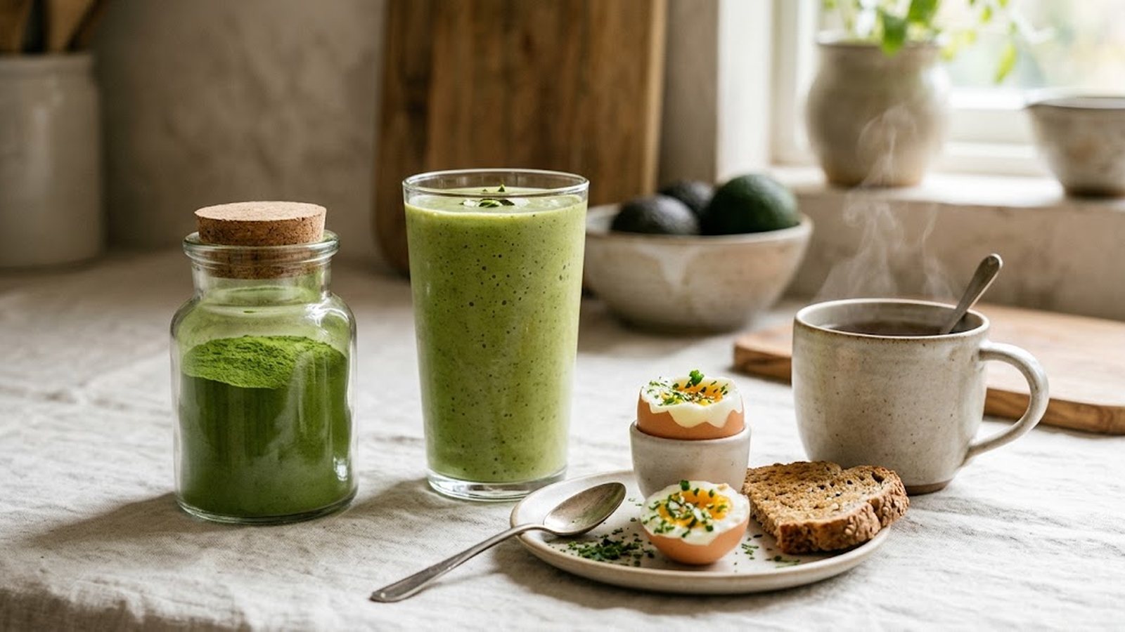 A morning kitchen counter scene featuring a jar of moringa powder, a green smoothie, a steaming mug of tea, and a breakfast plate with eggs and toast.