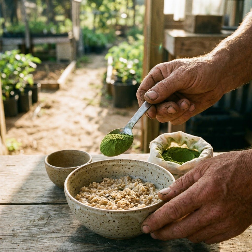 A farmer's hands add a spoonful of vibrant green moringa powder to a bowl of hearty oatmeal