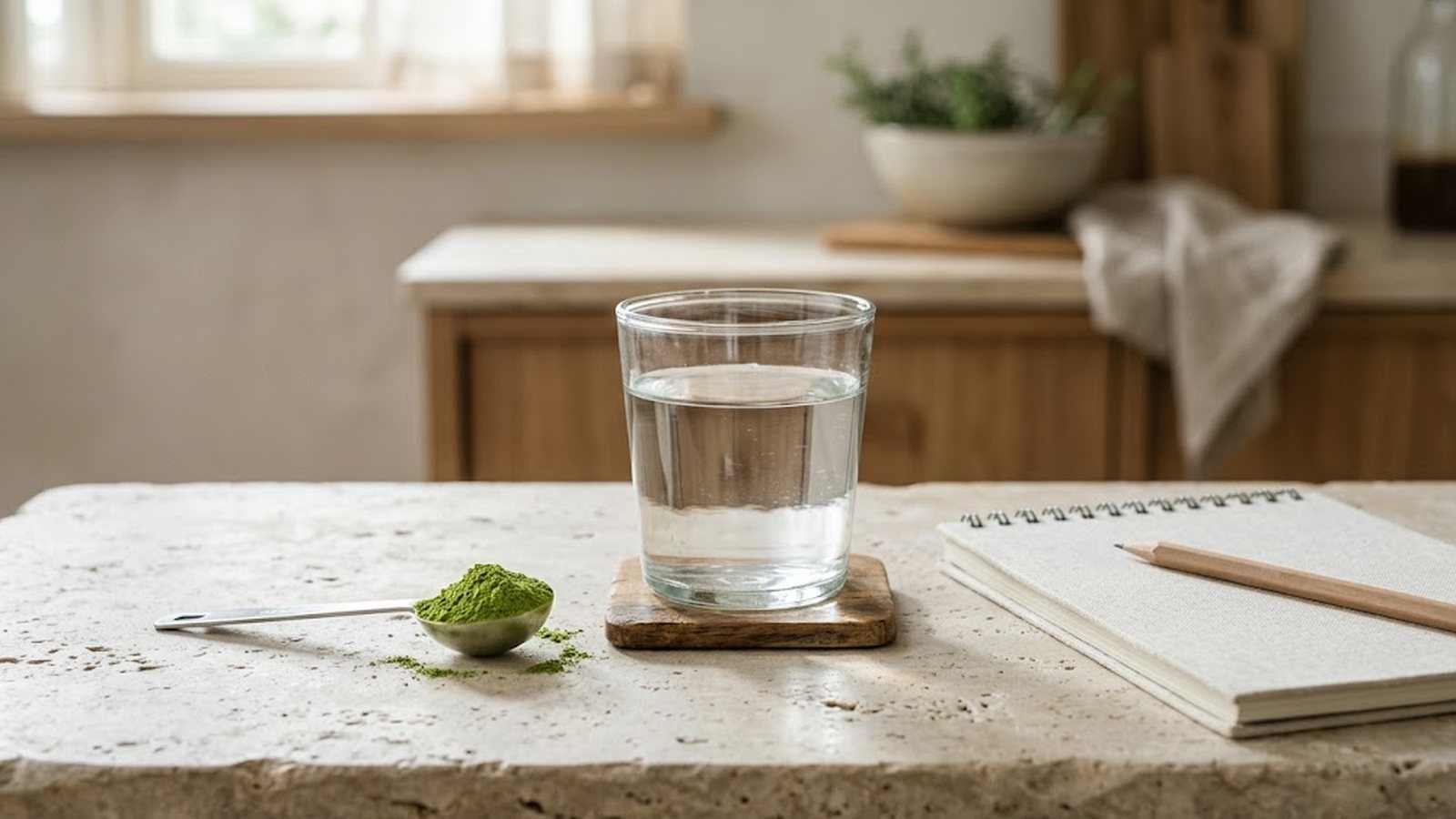 A teaspoon of vibrant green moringa powder sits next to a glass of water and a notebook on a stone countertop.