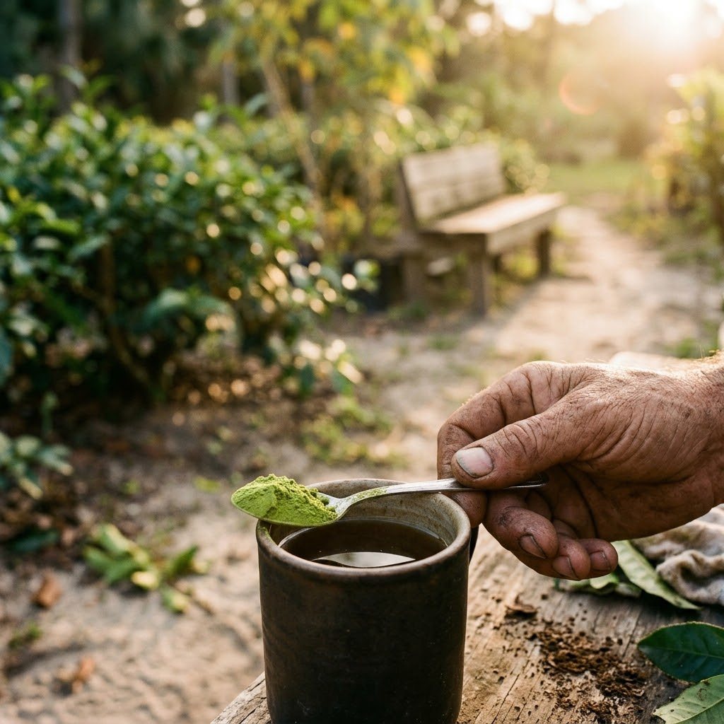 A farmer's hand holds a spoon of vibrant green moringa powder over a rustic mug of tea in a sun-drenched garden