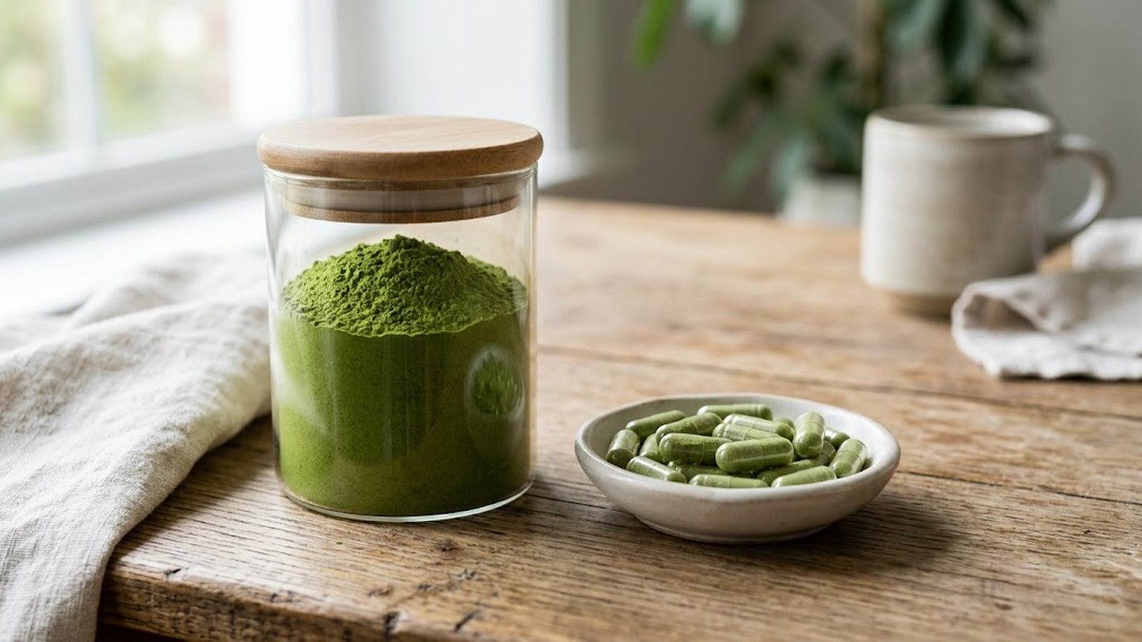 A glass jar of vibrant green moringa powder sits next to a small dish of moringa capsules on a rustic wooden table.