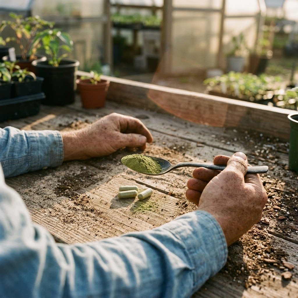 A farmer's hands hold a spoon of moringa powder over a wooden table with two moringa capsules nearby