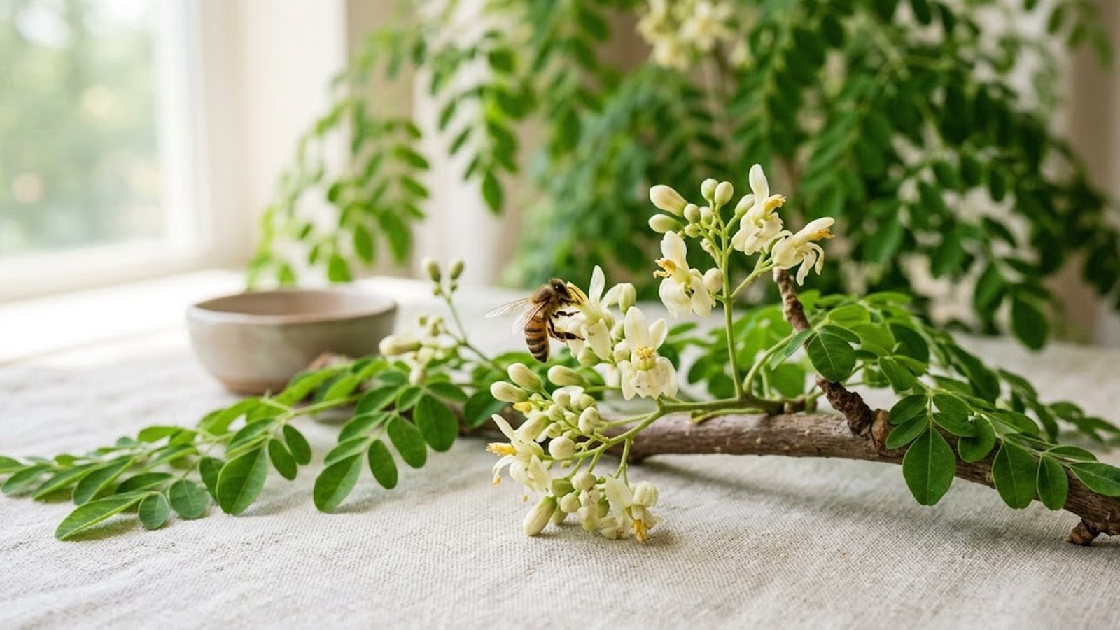 A honeybee lands on a cluster of delicate, creamy-white moringa blossoms on a branch, with soft green leaves blurred in the background.