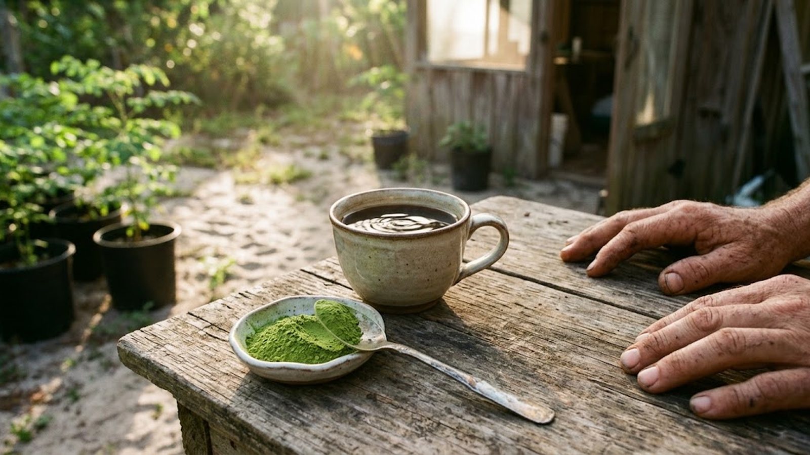A rustic ceramic mug of black coffee sits on a weathered wooden table next to a small dish of vibrant green moringa powder and a spoon.