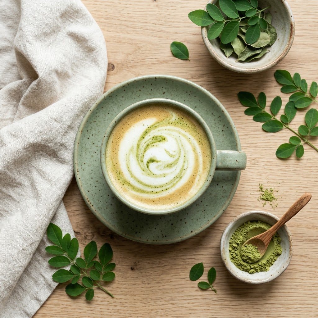 Top-down view of a latte with a soft green moringa swirl in the milk foam, ceramic cup on a saucer