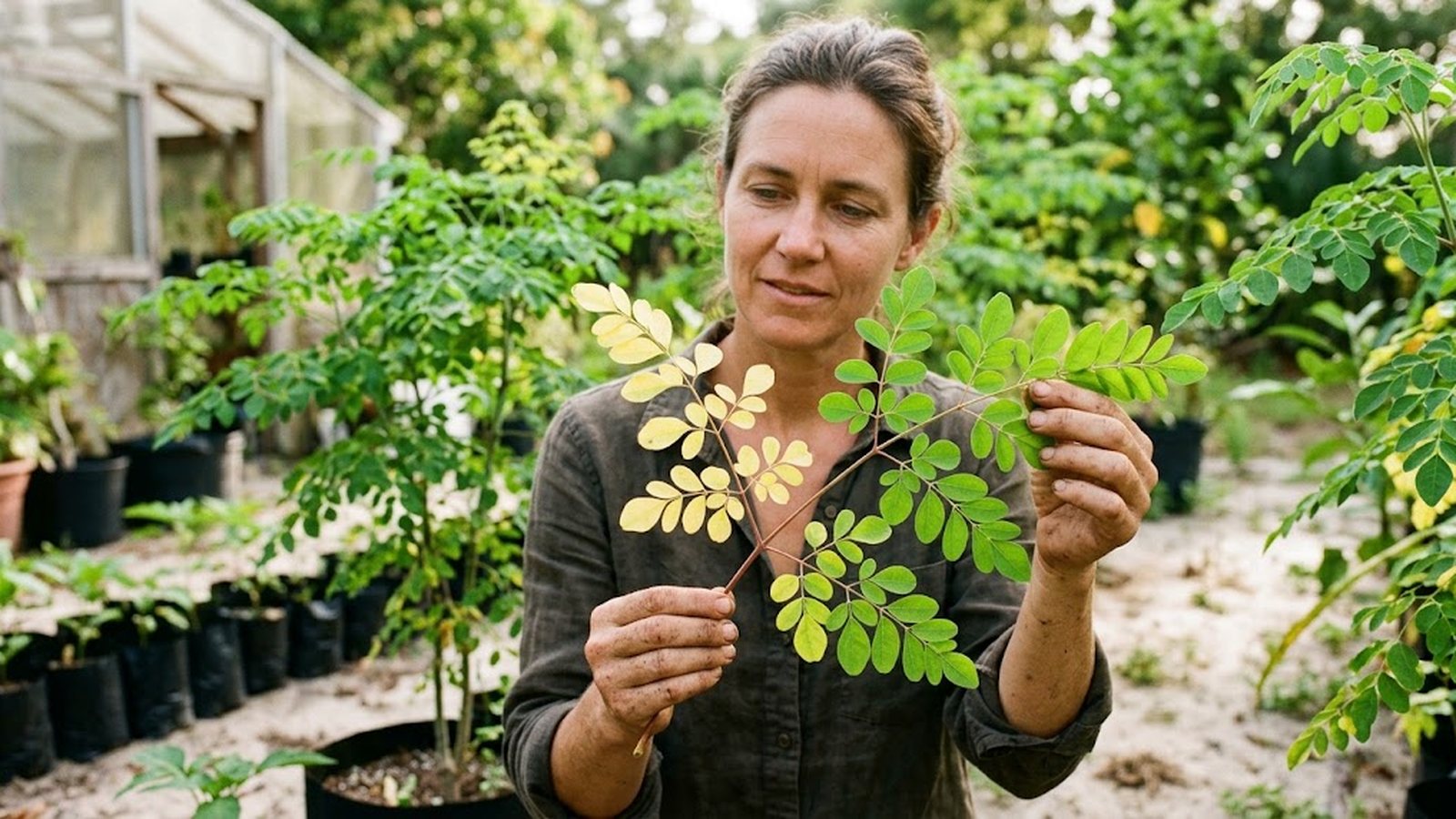 A Florida nursery owner examines a moringa branch with both healthy green and pale yellow leaves.