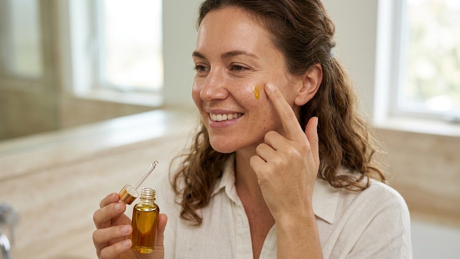 A woman smiles as she applies a drop of golden oil to her cheek with her fingertip, holding an amber dropper bottle.