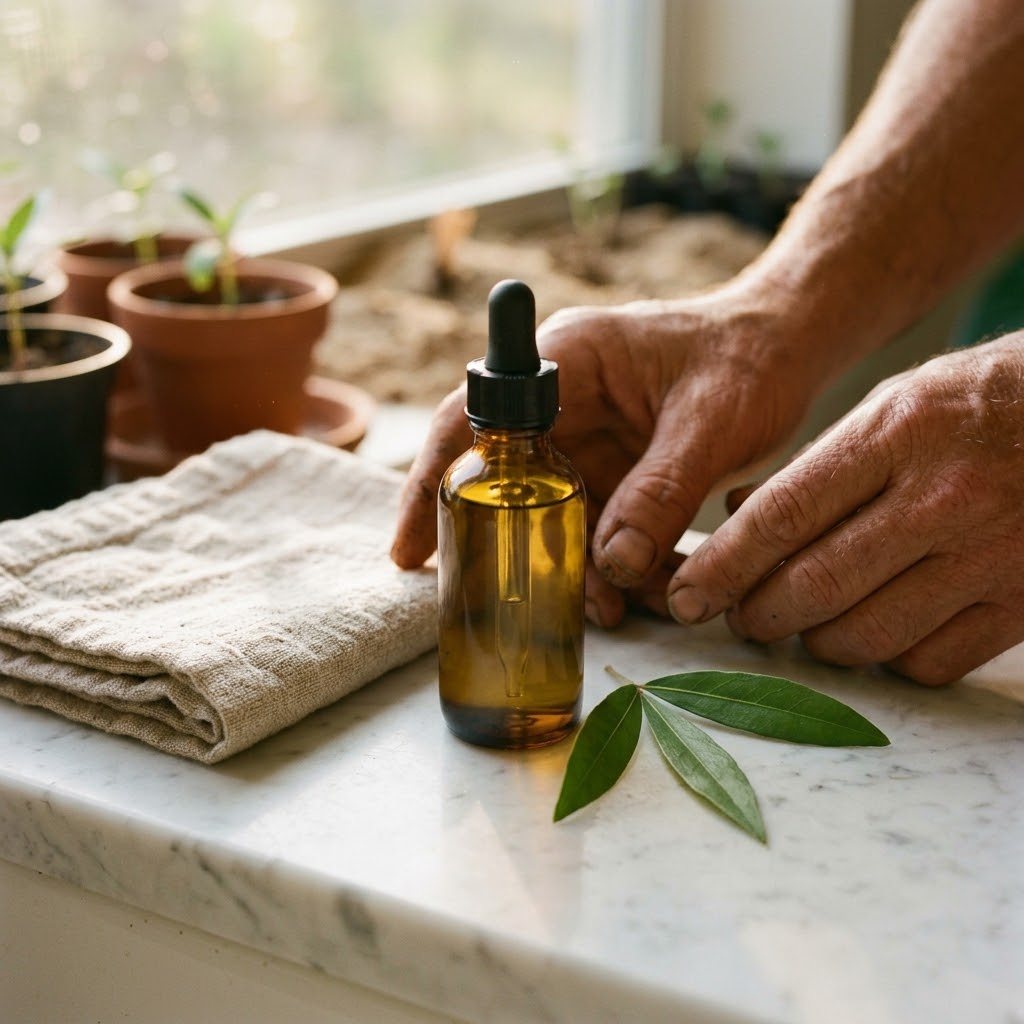 An amber glass dropper bottle of pale gold oil on a white marble bathroom counter with a folded linen towel and a small green leaf