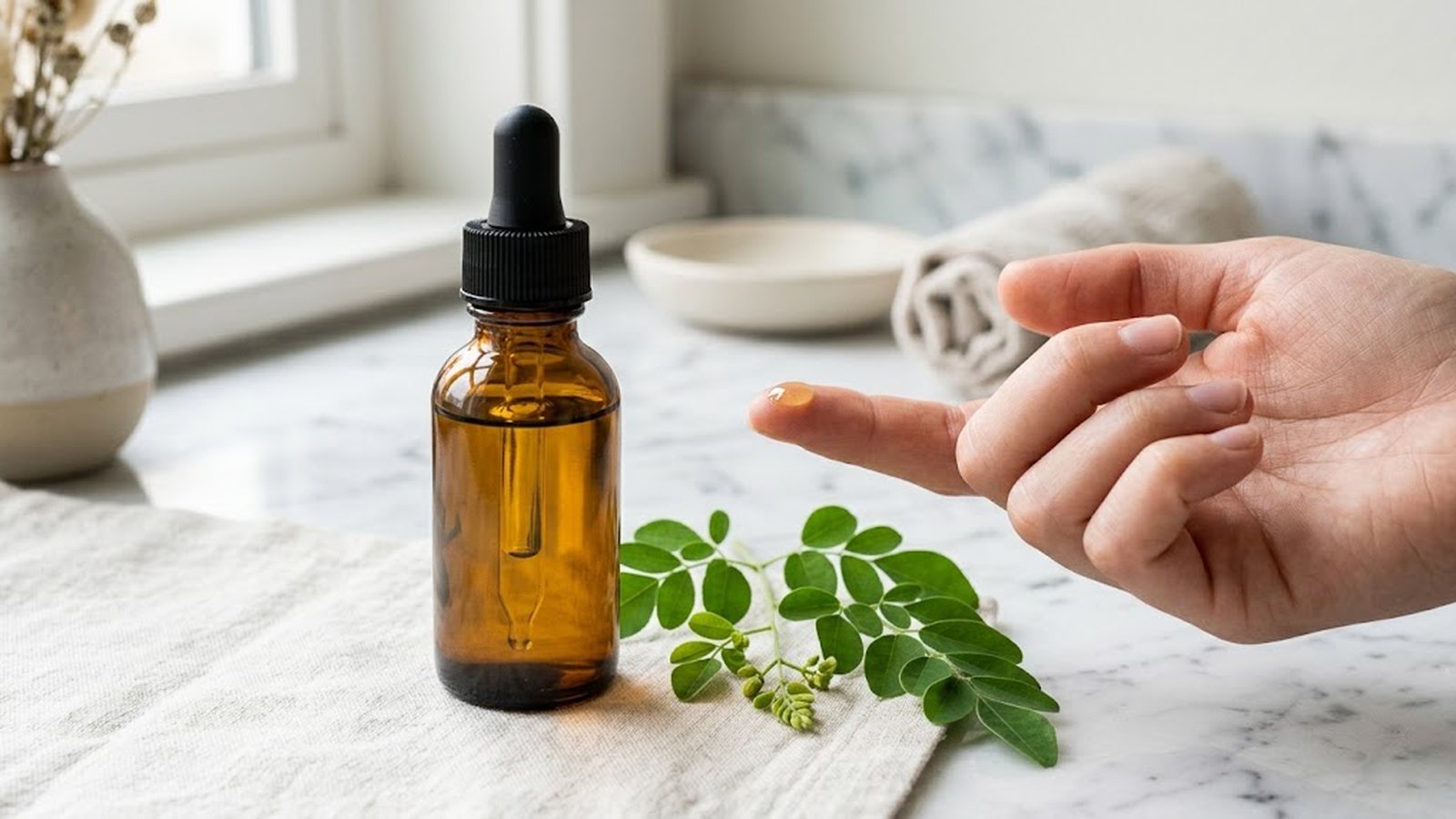 A glass dropper bottle of moringa seed oil sits on a linen cloth next to a moringa sprig, with a drop of oil on a fingertip.