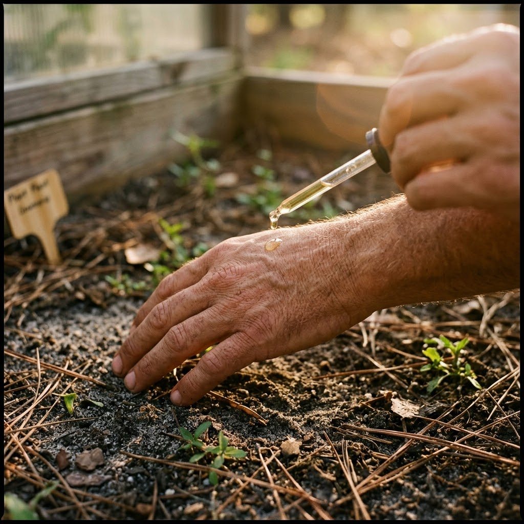 A hand with a pipette dripping golden moringa oil onto the back of the hand, with a small wooden sign indicating moringa seedlings in the background