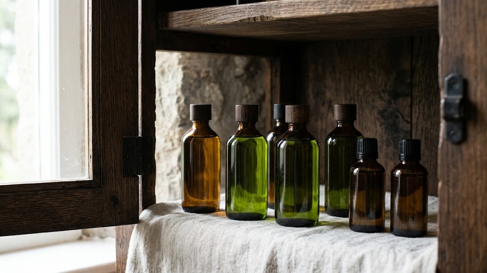 Amber and green glass bottles of oil sit on a linen cloth inside a rustic wooden cabinet.