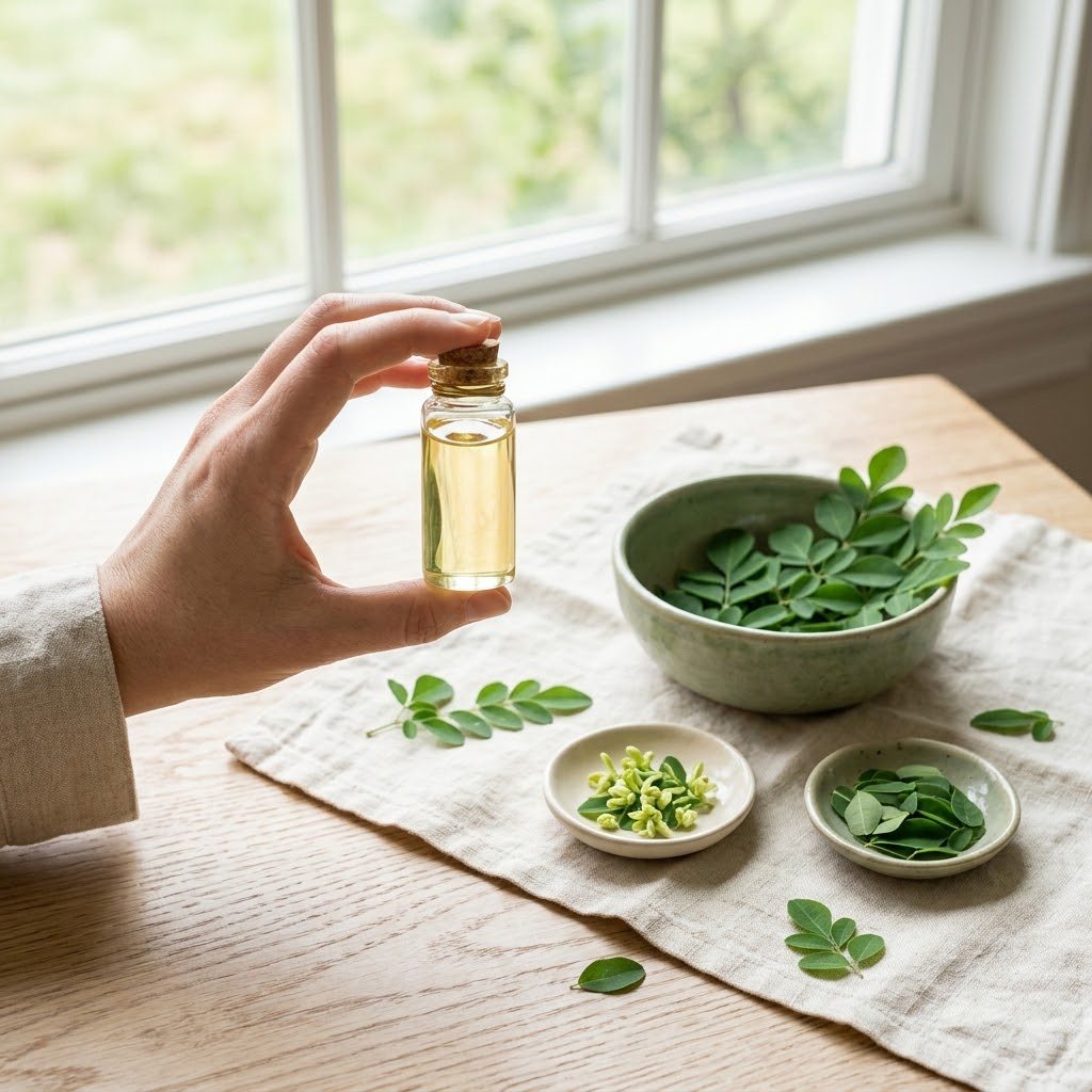 A small clear glass vial of pale gold moringa oil held up to a window, light passing through the clear oil