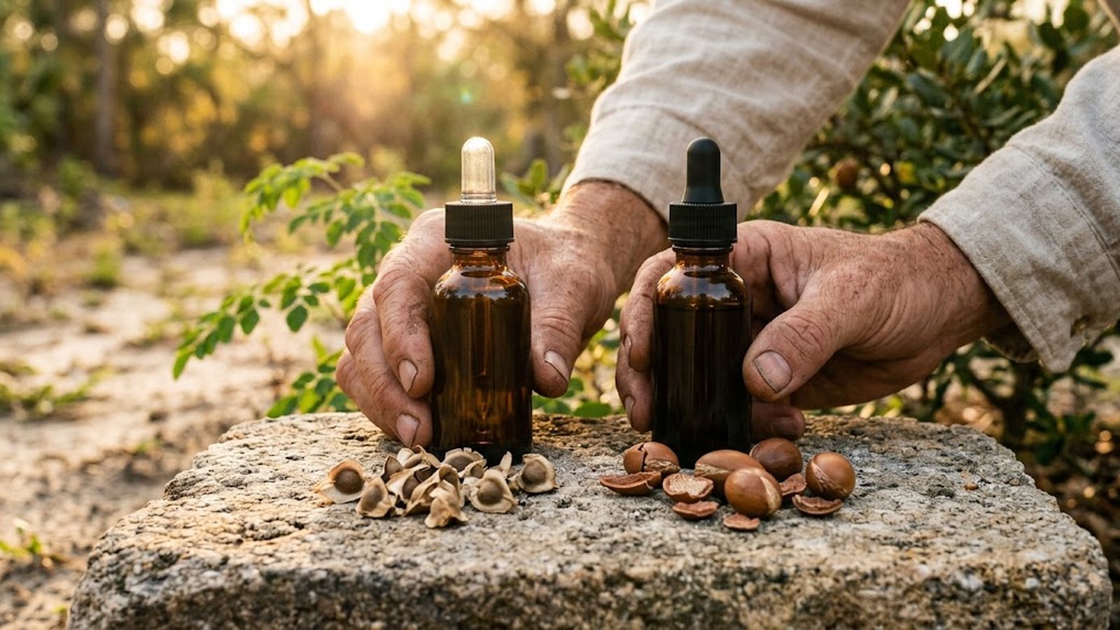 Two amber glass dropper bottles sit on a stone surface, with moringa seeds and argan nuts scattered in front, held by weathered hands.