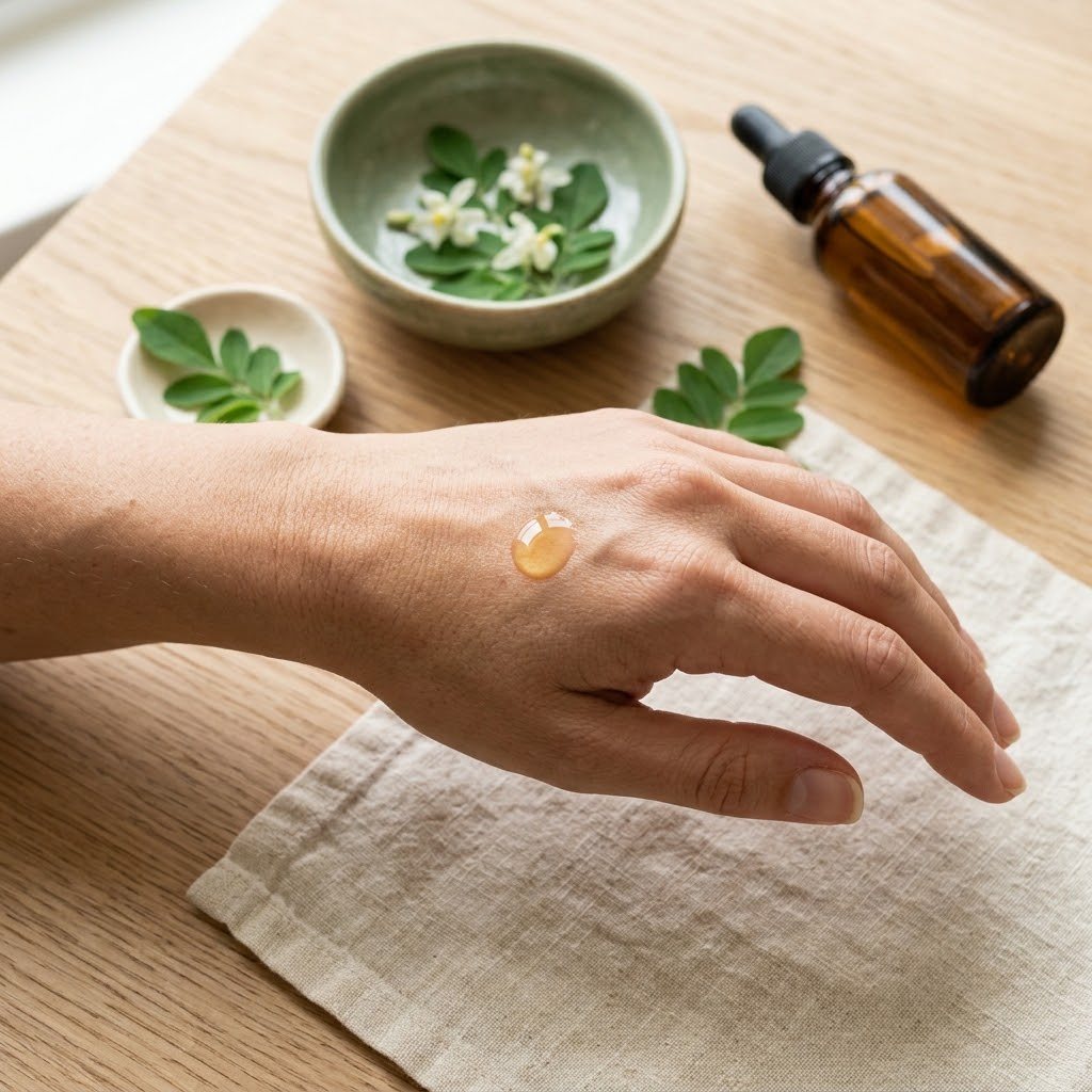 A single drop of clear pale gold oil on the back of a hand, catching window light, blurred amber bottle behind