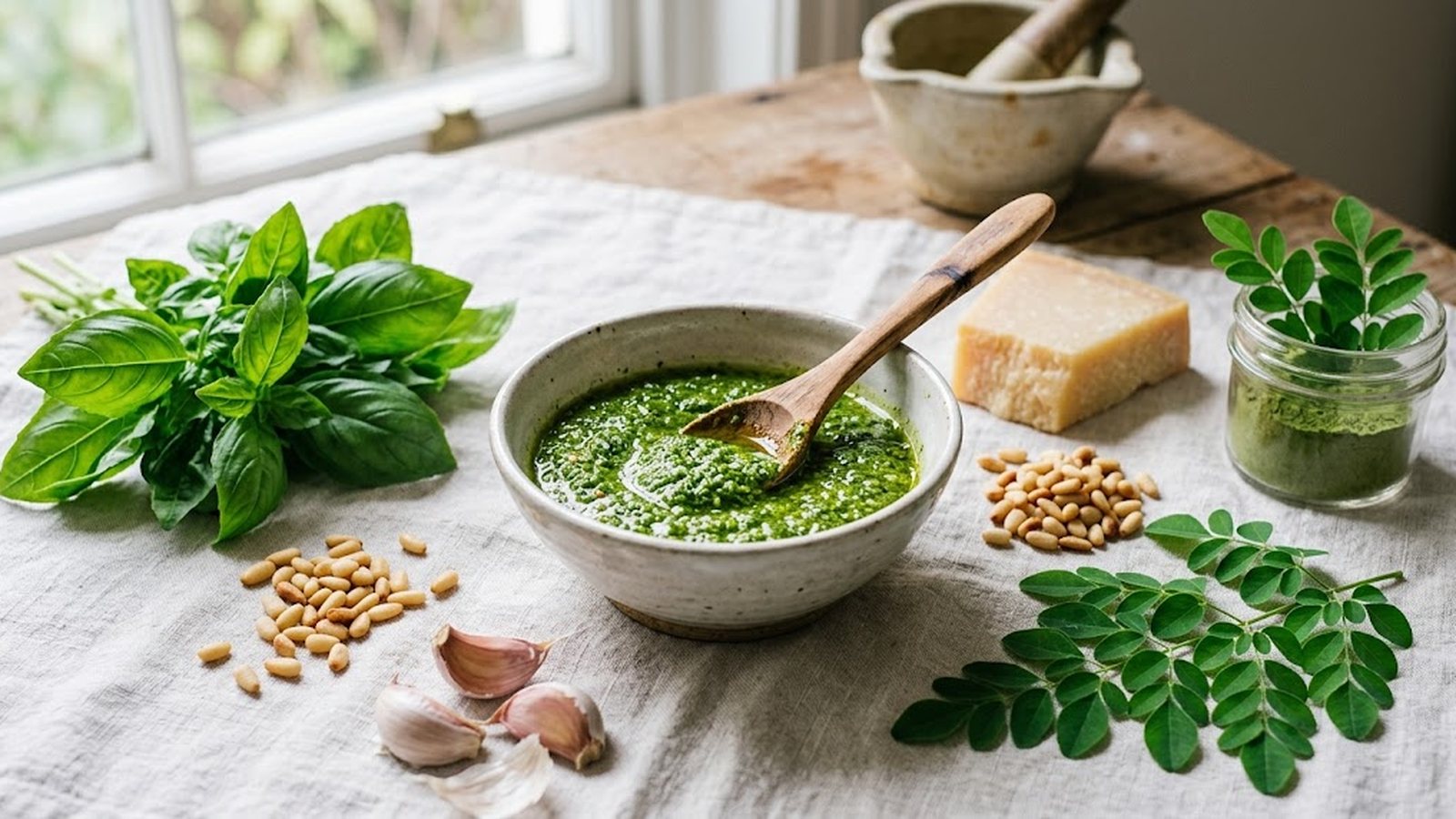 A rustic bowl of vibrant green pesto sits on a linen cloth, surrounded by fresh basil, garlic, pine nuts, parmesan, and moringa leaves.