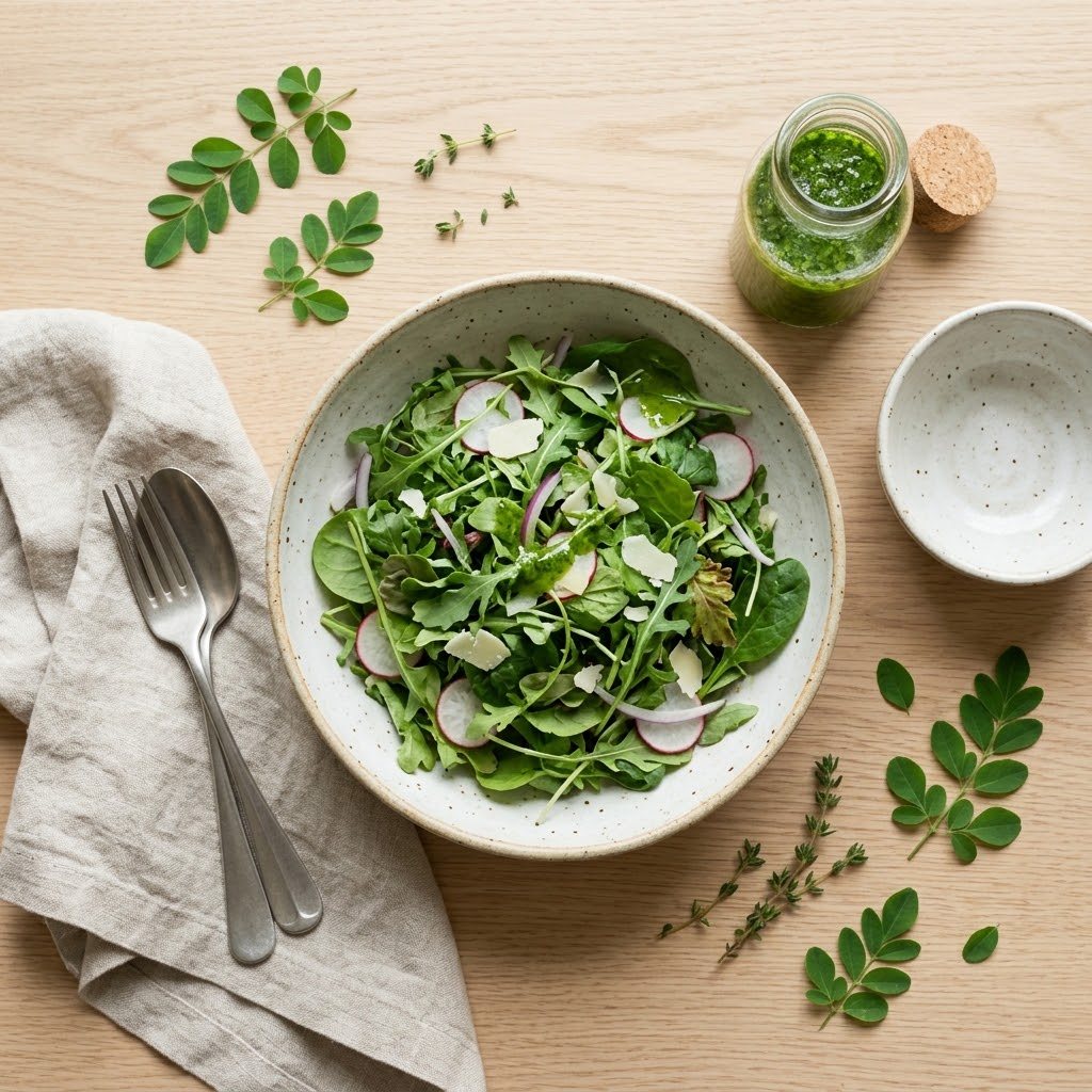 A small glass jar of bright green herb dressing being poured over a salad of leafy greens in a ceramic bowl