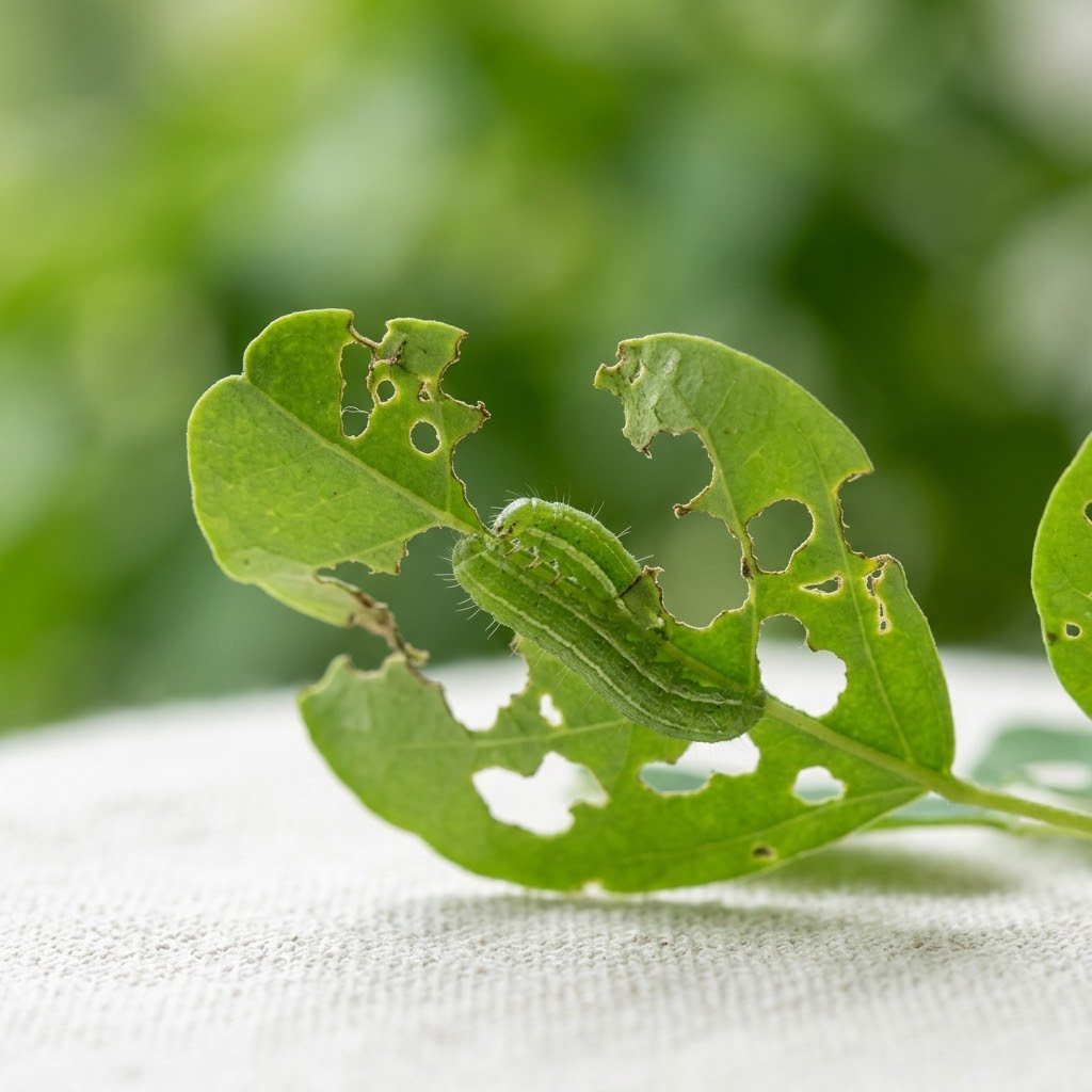 Macro of a small green caterpillar on a chewed moringa leaflet with holes