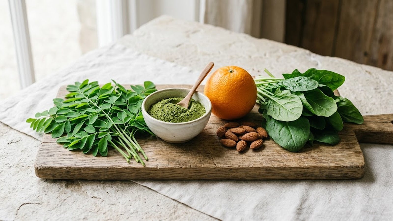 Fresh moringa leaves, a bowl of moringa powder, an orange, almonds, and spinach are artfully arranged on a wooden cutting board.