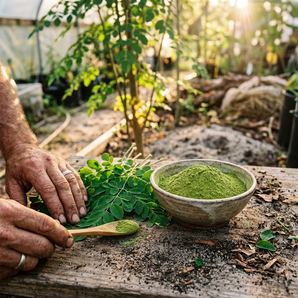 A wooden spoon scoops vibrant green moringa powder from a rustic bowl, surrounded by fresh moringa leaves on a weathered wooden surface