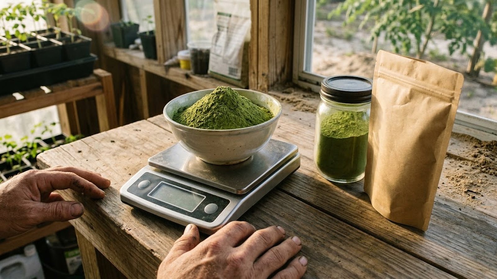 A bowl of fresh green moringa powder sits on a kitchen scale next to a glass jar and a kraft pouch on a wooden counter.