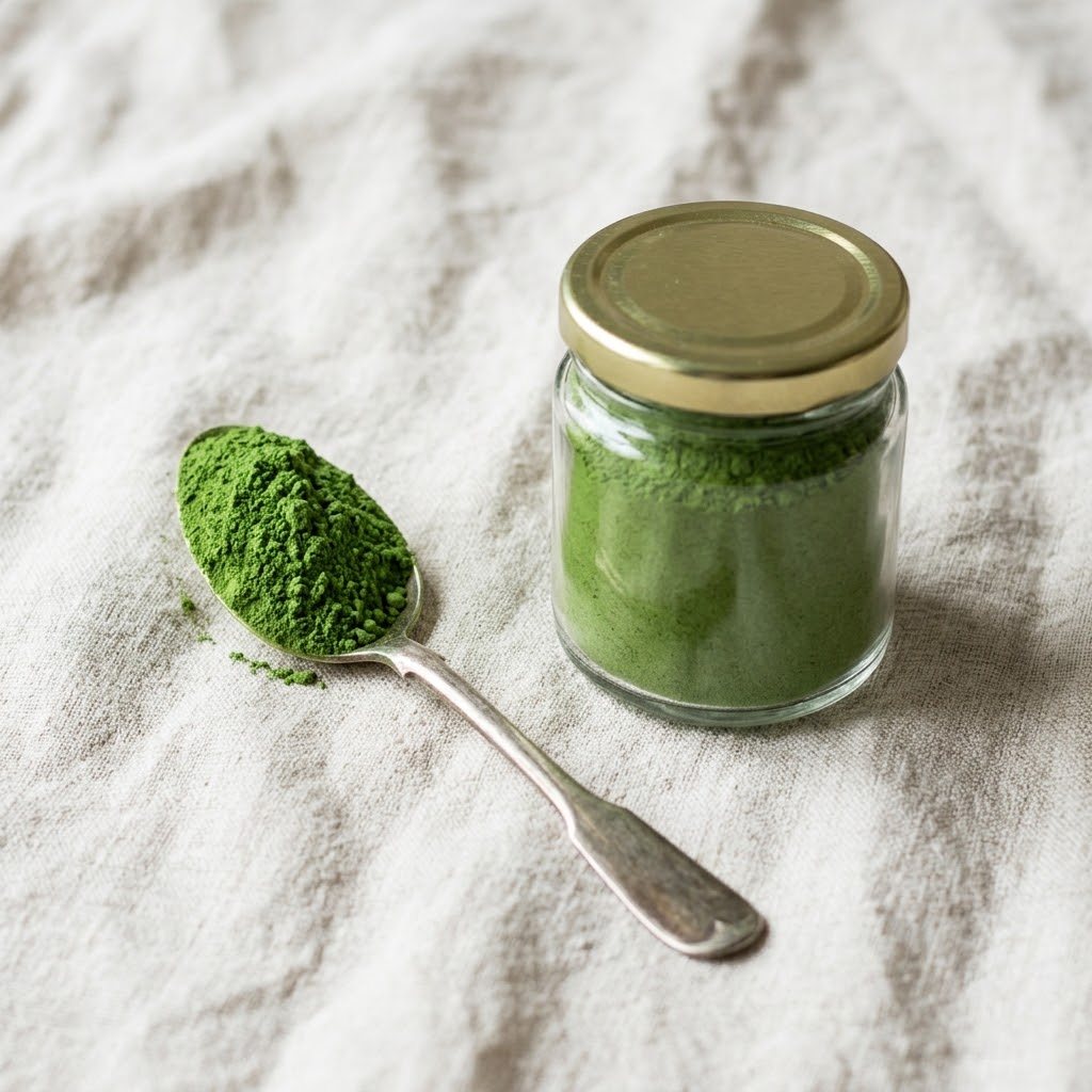 A heaped teaspoon of moringa powder beside a small 4 oz glass jar of powder, top-down on linen